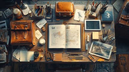 of a Bright and Modern Creative Workspace Featuring an Open Notebook Art Supplies and a Digital Tablet for Studying or Working on Projects