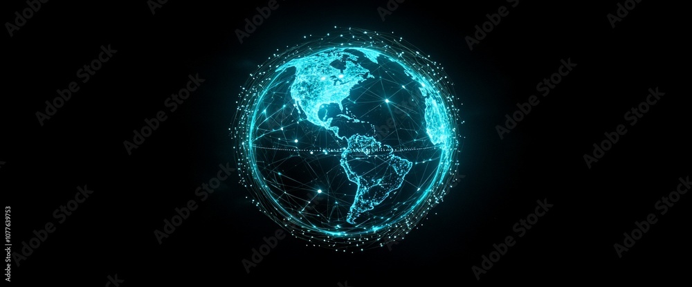 Poster a glowing blue digital globe with north and south america highlighted. the globe is surrounded by a 