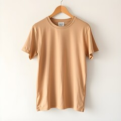 Realistic Light Brown T-Shirt Mockup Hanging in Neutral Setting, Perfect for Clean and Professional Design Presentation