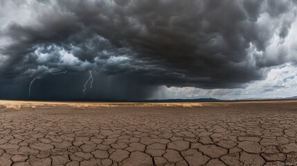 Dark storm clouds loom ominously over a parched desert, as distant lightning flashes illuminate the cracked ground and dry vegetation below. Generative AI