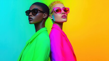 Two stylish models in vibrant, contrasting outfits stand back-to-back against a colorful gradient background, showcasing bold fashion and attitude.