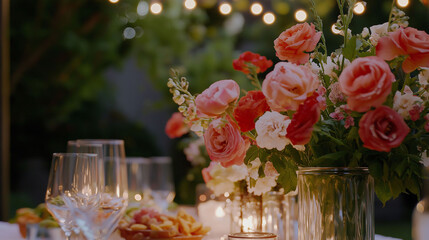 Garden party with table decorated with elegant bouquets of roses, wine glasses, food and hanging lights