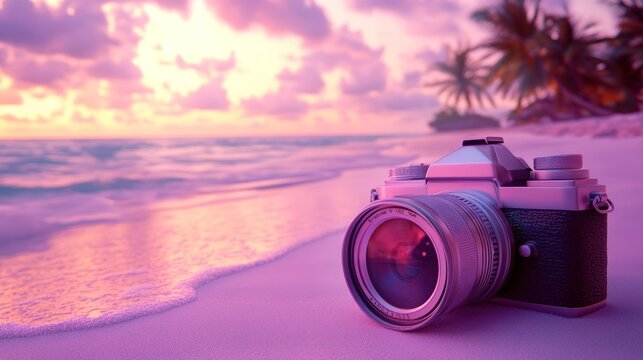 A camera on a tropical beach at sunset.