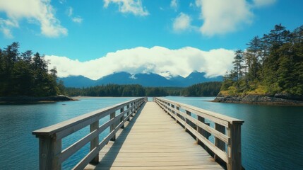 Obraz premium Wooden Pier Leading to a Mountainous Landscape