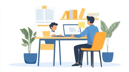 Scene of a caregiver providing guidance and support to a child as they prepare for a presentation