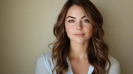 Naklejka premium Beautiful Young Woman with Soft Features Against a Neutral Background