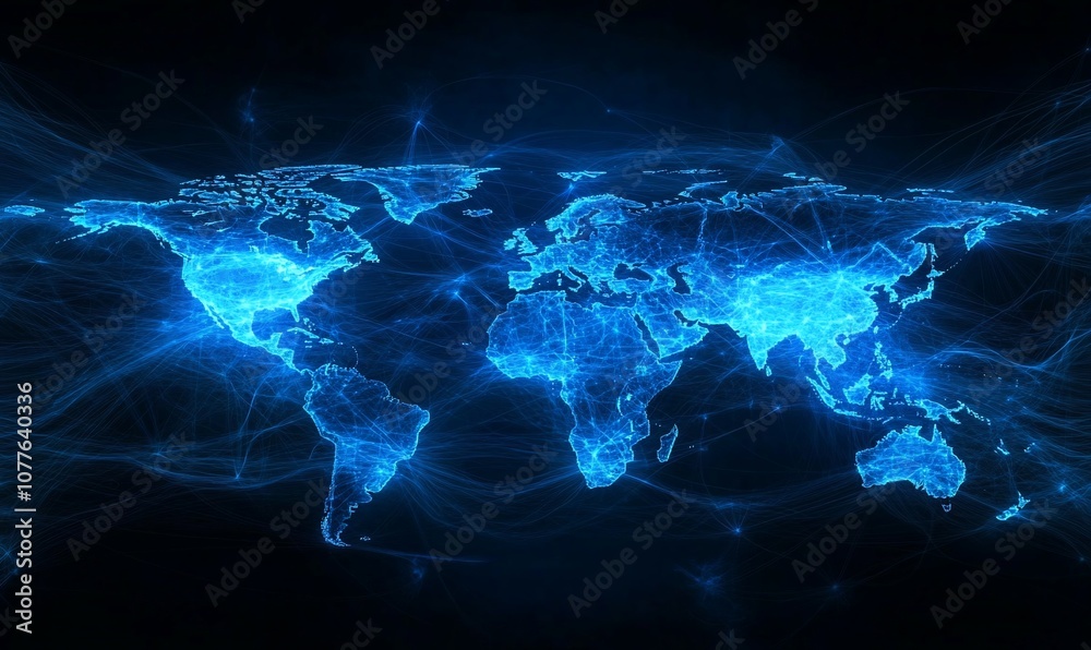 Poster A glowing blue map of the world with a network of lines connecting different continents.