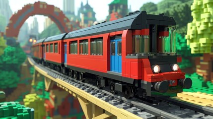 Obraz premium A red and blue train travels on a wooden track through a miniature city.
