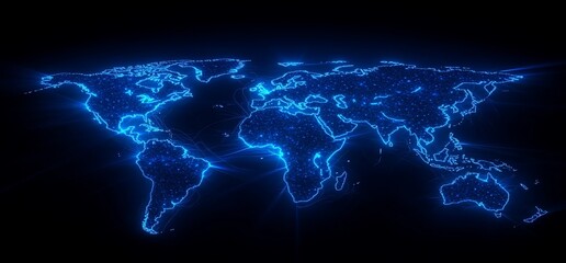 A glowing blue digital world map on a black background.