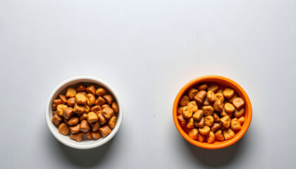 Wet pet food in feeding bowls on light grey table, space for text isolated with white highlights, png