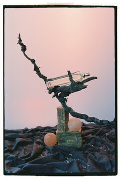 Composition with perfume bottle and soap of different shapes   