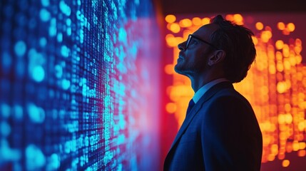 Businessman Analyzing Data Visualization in Futuristic Environment