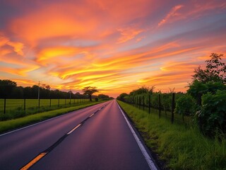 Fototapeta premium Vibrant sunset painting the sky above a peaceful rural road bordered by lush greenery, countryside, peaceful