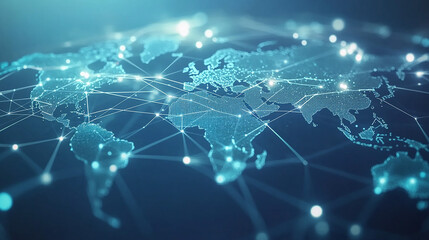 Dynamic digital world map emphasize Western Europe continental for AI powered global network connectivity big data transfer cyber technology network information exchange and telecommunication concept.