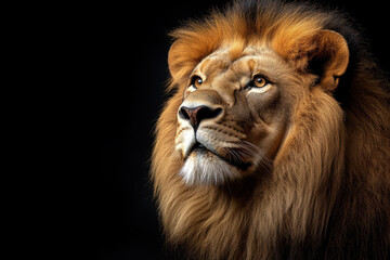 Fototapeta premium Majestic male lion with a golden mane, gazing into the distance against a black background, showcasing strength and elegance.