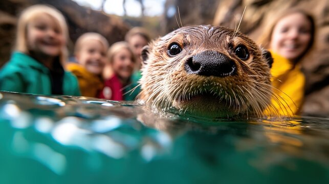 An inquisitive otter emerges from the water, foregrounding the image where a blurred group of people in colorful attire stand in the background, creating a cheerful atmosphere.