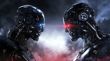 The Clash of Technologies: A Futuristic Battle Between Advanced Machines and Artificial Intelligence. The scene is set in a high-tech, neon-lit battlefield where human-operated machines