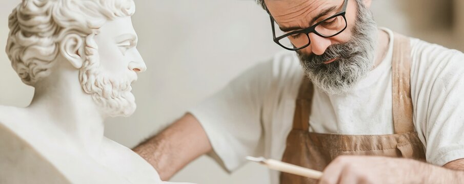 A sculptor carefully carves a detailed bust, showing dedication and craftsmanship in a creative studio setting.