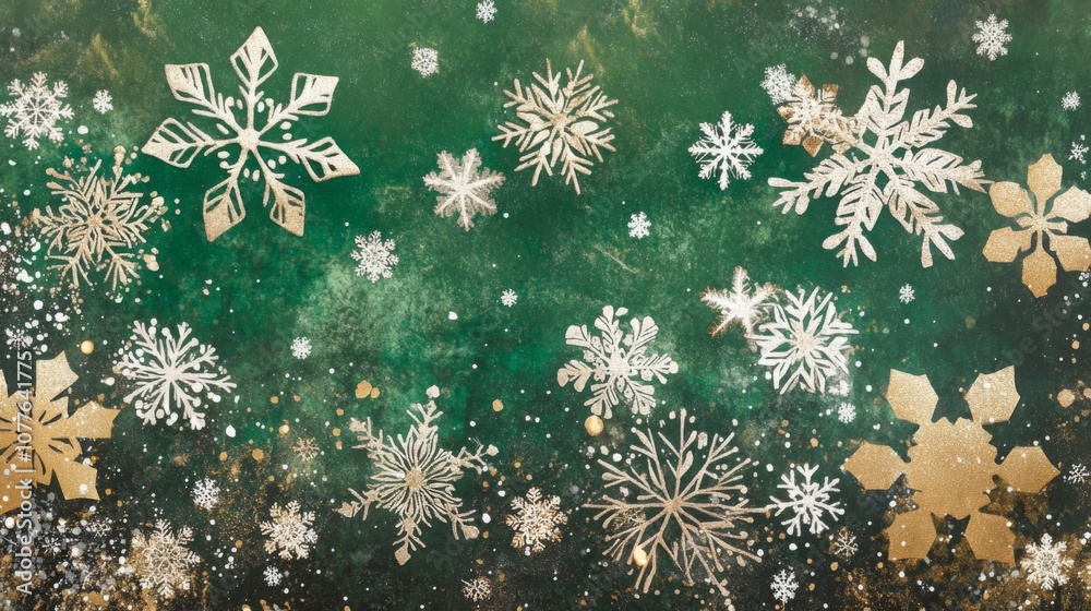 Poster A vibrant background showcases an array of intricately designed white snowflakes complemented by sparkling gold accents.