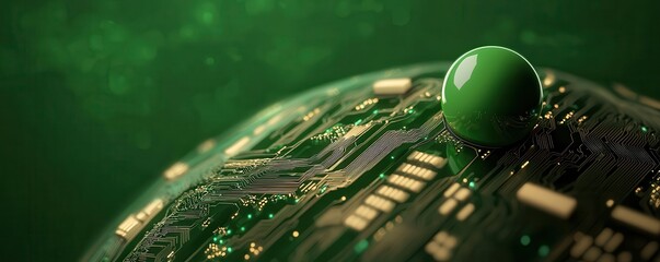 A close-up of a green circuit board with a prominent green sphere, showcasing technology and innovation in a vibrant, futuristic design.