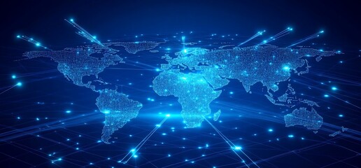 A glowing digital world map on a dark blue background, showing a network of connections across the globe, representing global communication and interconnectedness.