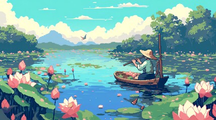 Obraz premium Peaceful Flute Music on a Lotus Lake