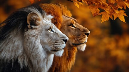 Obraz premium A white lion and a brown lion stand side by side in a forest. Their manes are full and flowing, and they look off to the side. The background is blurred and filled with autumn leaves.
