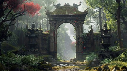 Obraz premium Mystical Stone Archway Leading Through a Lush Forest
