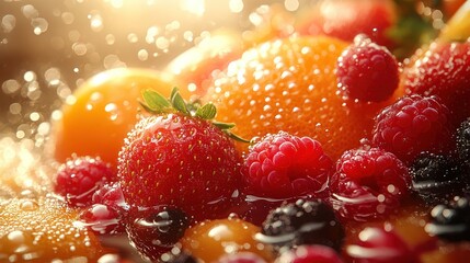 Fresh, ripe fruits, including strawberries, raspberries, and blackberries, are splashed with water droplets.
