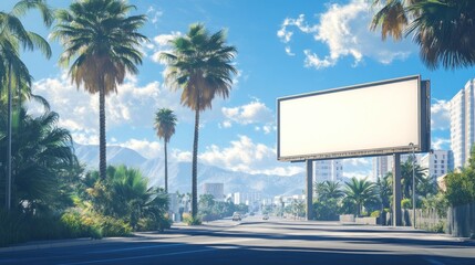 A sunny urban scene featuring palm trees and a blank billboard against a vibrant sky.