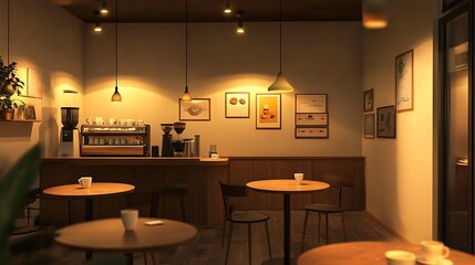 Cozy and Modern Coffee Shop Interior with Warm Lighting