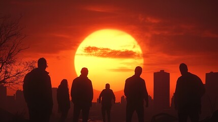 Fototapeta premium As the sun begins to slowly lower on the horizon, several people stand in awe, looking up at the sky with fear in their eyes. The atmosphere is tense as they witness the sun setting,