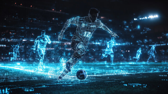 AI powered sports analytics concept with computer vision tracking players in action, showcasing real time performance analysis, and machine learning for enhanced coaching.