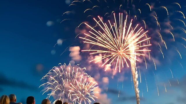 Vibrant fireworks illuminate the night sky, celebrating the conclusion of the Thanksgiving parade with a burst of color and joy.