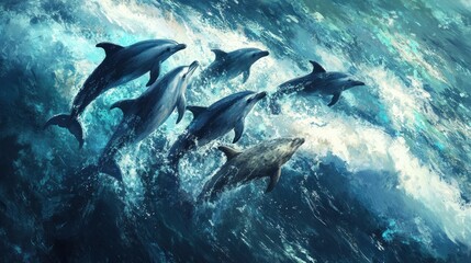 Obraz premium Dolphins Leaping Through Waves