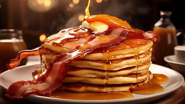 Food, video clip of a stack of fluffy pancakes, drizzled with maple syrup and topped with a pat of melting butter, accompanied by a side of crispy bacon.no.02