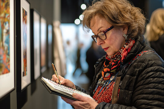 a collector making notes in a sketchbook while observing an exhibit. - Powered by Adobe