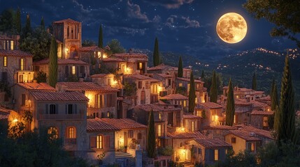 Obraz premium A charming village nestled on a hillside, illuminated by the warm glow of streetlights, bathed in the ethereal light of a full moon, with a backdrop of a starry night sky.