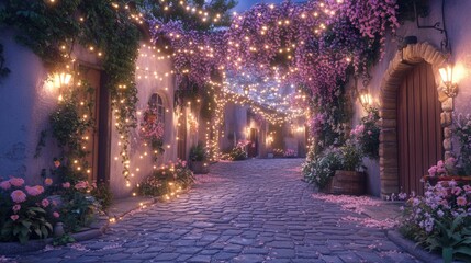 Fototapeta premium Charming Cobblestone Pathway Adorned with Twinkling Lights and Blossoms
