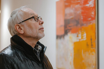Fototapeta premium an art collector admiring a modern painting in a gallery.