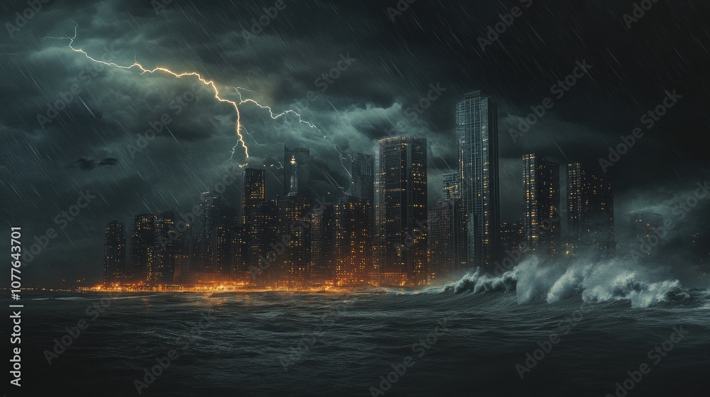 Poster dark clouds roll in as a fierce storm approaches, illuminating the city skyline with flashes of ligh