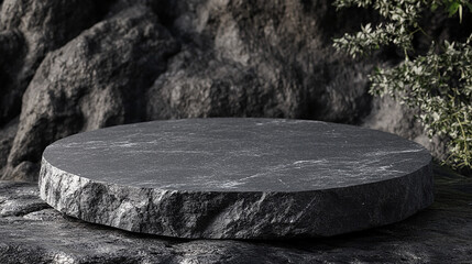 Black stone podium for luxury product placement. Rock granite pedestal stage background. Natural material scene and minimal luxury aesthetic showcase presentation.