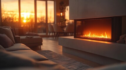 Cozy living room with a fireplace and sunset view.