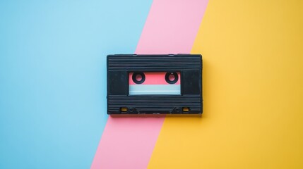 A classic black audio cassette tape on a blue, pink, and yellow background.