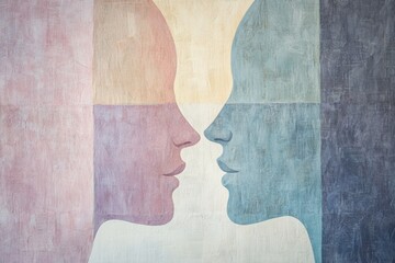 Two abstract silhouettes in soft pastel colors face each other, symbolizing the essence of communication and empathy between individuals. Generative AI