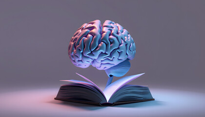 Three dimensional render of human brain reading book isolated with white highlights, png