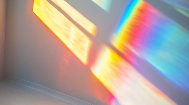 Abstract rainbow crystal light leak flare reflection vector illustration. Lens colorful Iridescent glare effect. Optical rainbow streak overlay. Organic drop diagonal holographic on a white wall. - Powered by Adobe