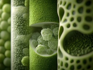 Biomicroscopic image showcasing the vibrant green microalgae biomass cultivated for clean biofuel development