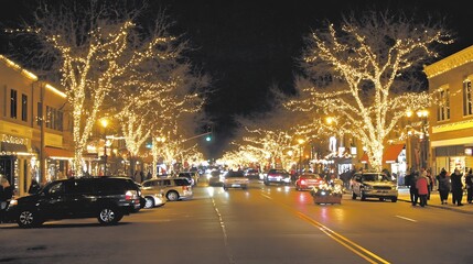 Nighttime Street Scene with Christmas Lights and Cars