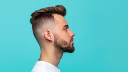 Obraz premium Side profile of a serious bearded man in a barber shop, showcasing a stylish beard and mustache for an urban hipster look.